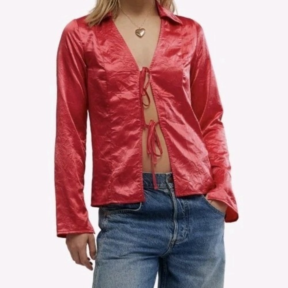 Free People Star Eyes Crinkle Satin Top Size S Retro Red NWT $98